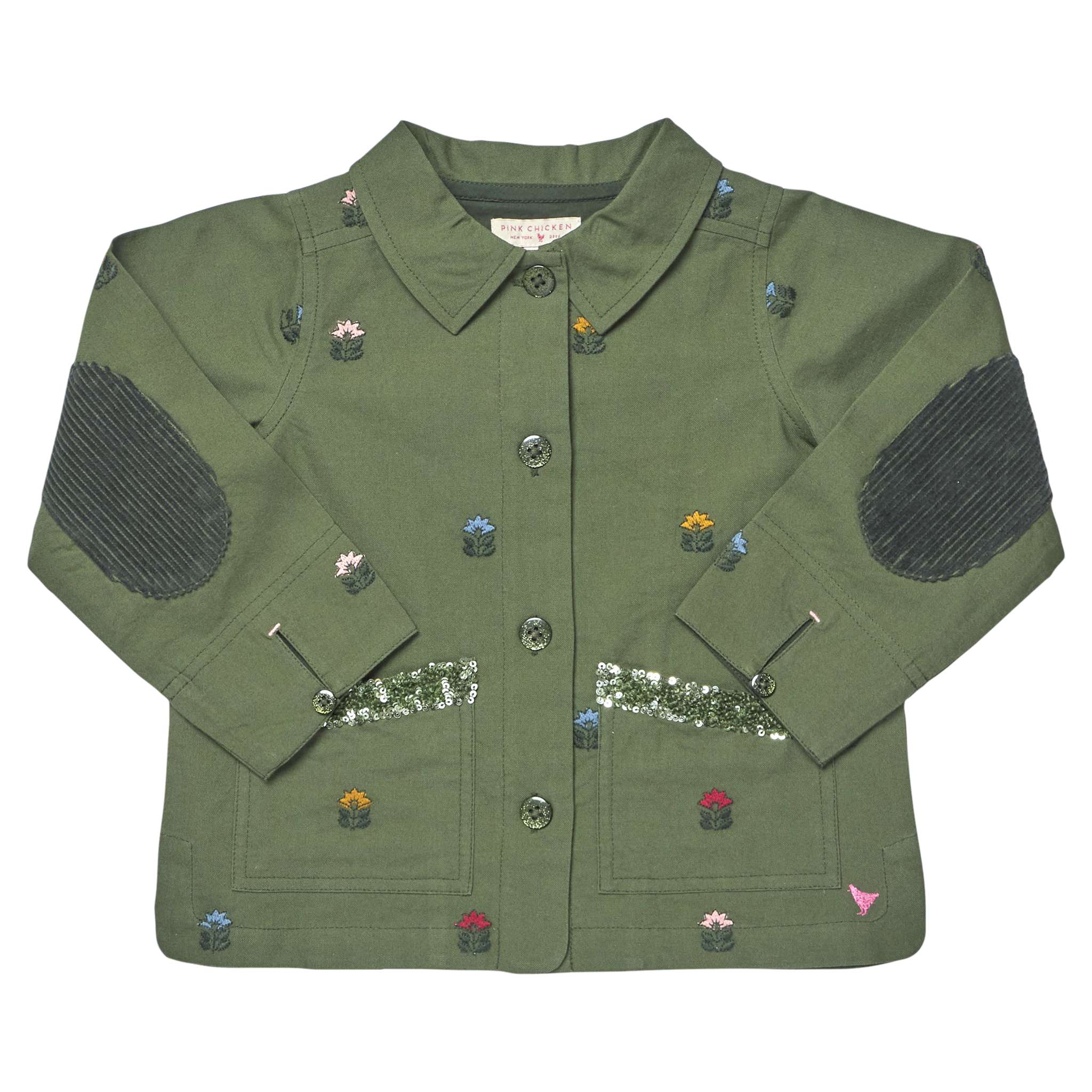 An olive green children's button-up jacket with dark gray ribbed elbow patches, decorative embroidered floral details, and a silver glitter chest stripe, shown flat on a white background.