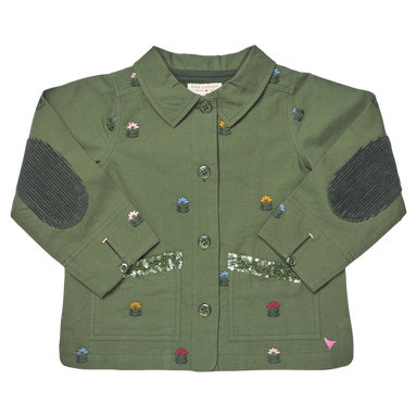 An olive green children's button-up jacket with dark gray ribbed elbow patches, decorative embroidered floral details, and a silver glitter chest stripe, shown flat on a white background.