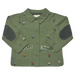 An olive green children's button-up jacket with dark gray ribbed elbow patches, decorative embroidered floral details, and a silver glitter chest stripe, shown flat on a white background.
