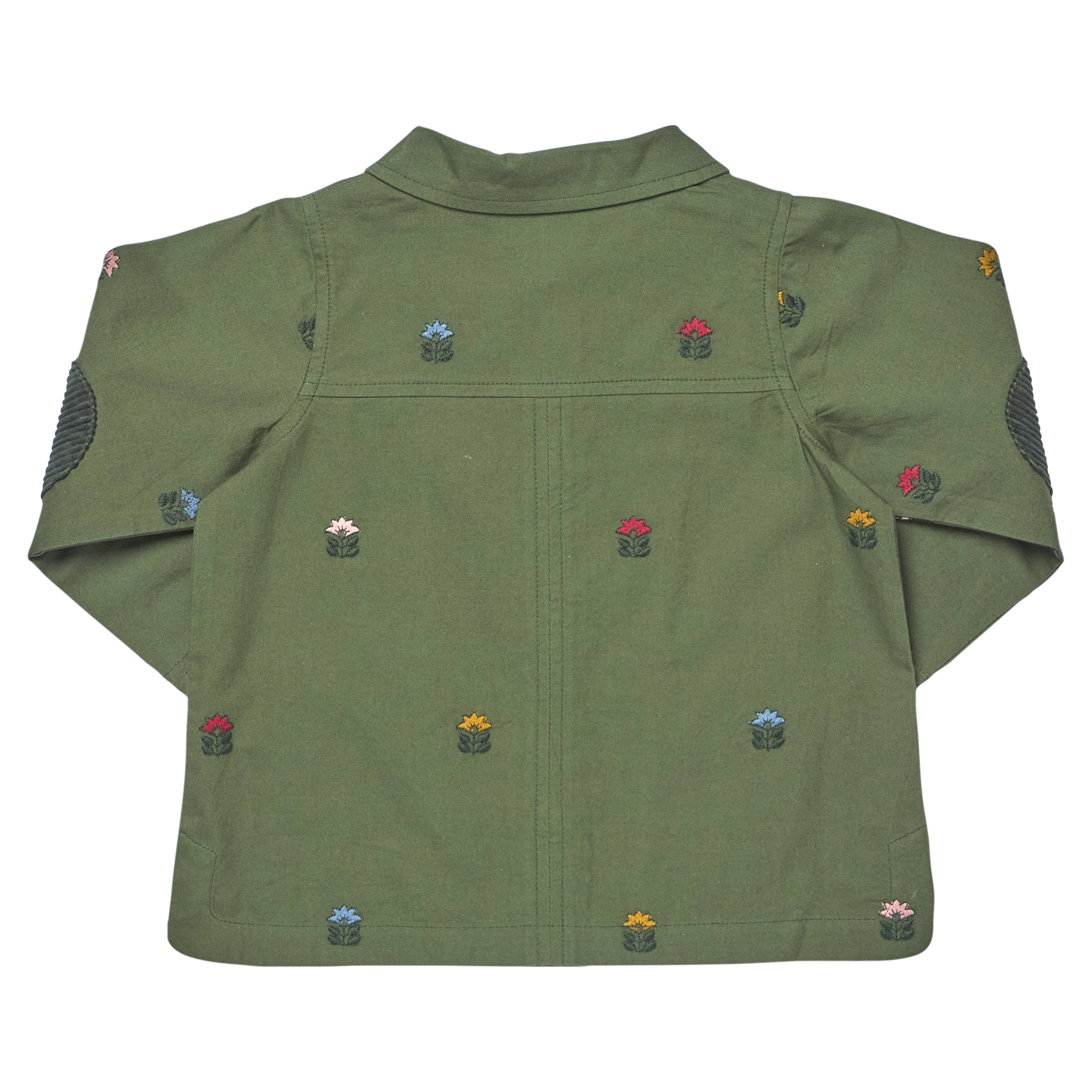 An olive green children's jacket with small embroidered flower motifs in pink, blue, yellow, and red, displayed flat against a white background.