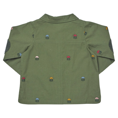 An olive green children's jacket with small embroidered flower motifs in pink, blue, yellow, and red, displayed flat against a white background.