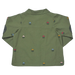 An olive green children's jacket with small embroidered flower motifs in pink, blue, yellow, and red, displayed flat against a white background.