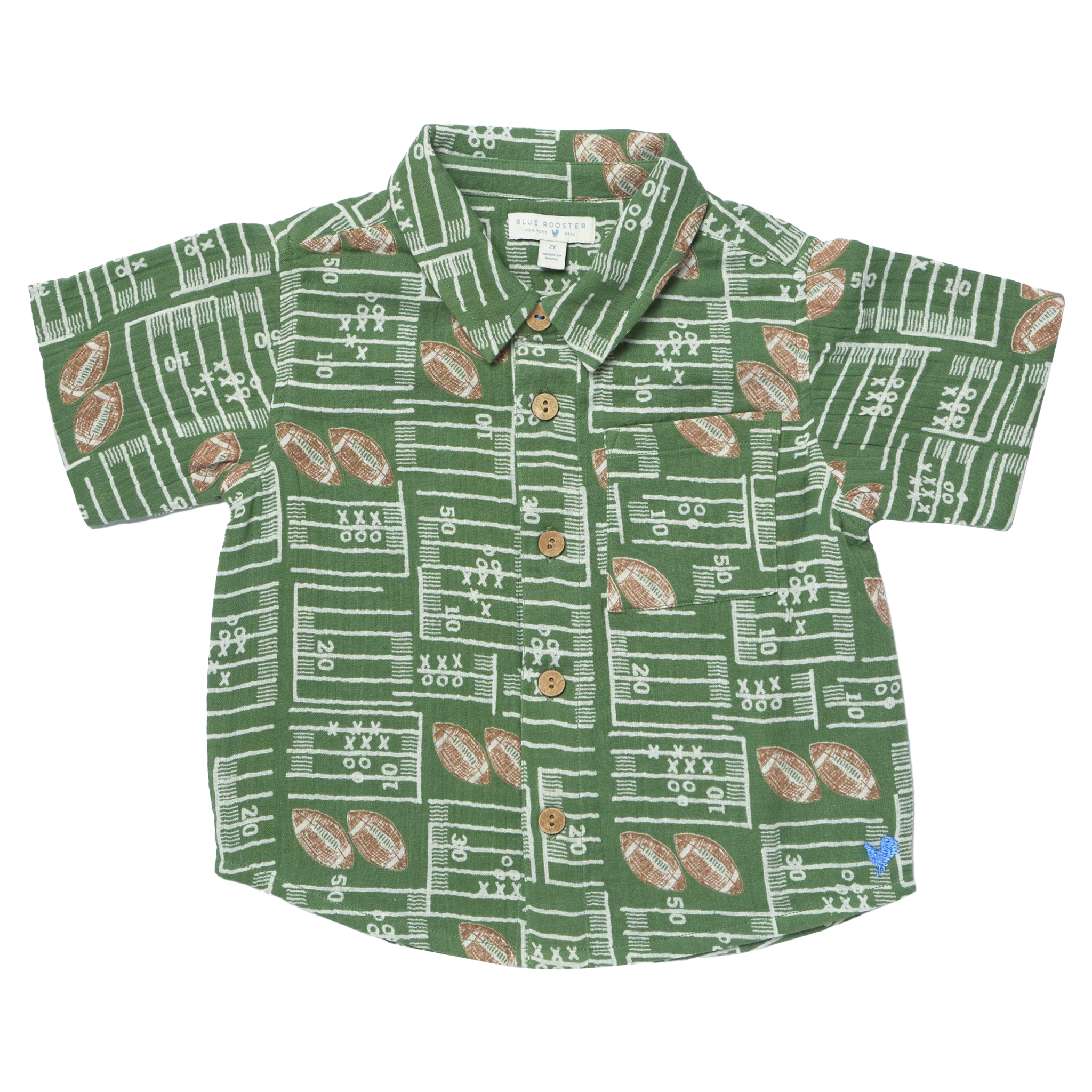 A short-sleeve button-up shirt for kids, featuring an all-over football field and football print in green, white, and brown, laid flat against a white background.