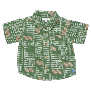 A short-sleeve button-up shirt for kids, featuring an all-over football field and football print in green, white, and brown, laid flat against a white background.