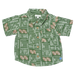 A short-sleeve button-up shirt for kids, featuring an all-over football field and football print in green, white, and brown, laid flat against a white background.