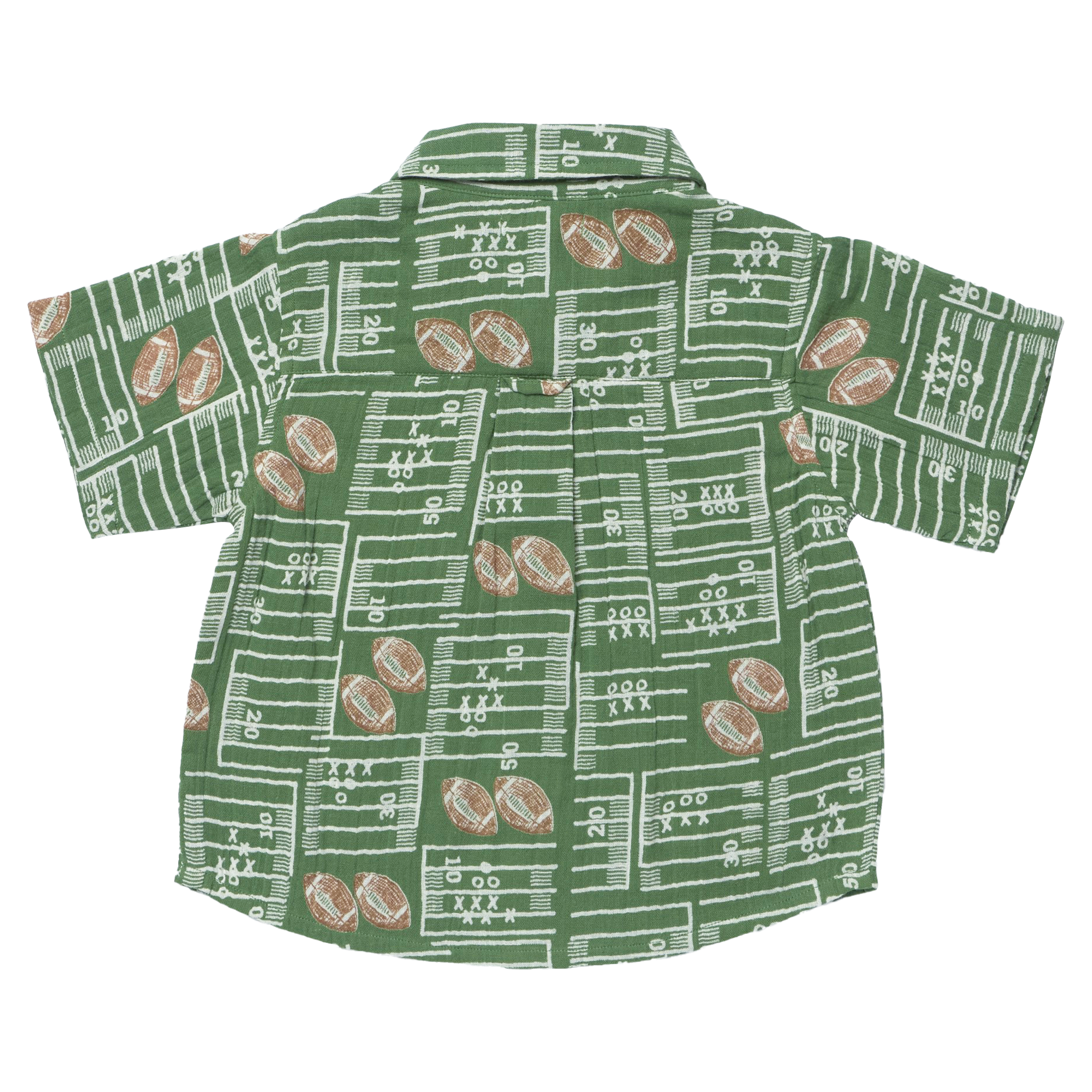 A short-sleeve button-up shirt for kids, featuring a green and white football field pattern with brown footballs scattered throughout, shown flat on a white background.