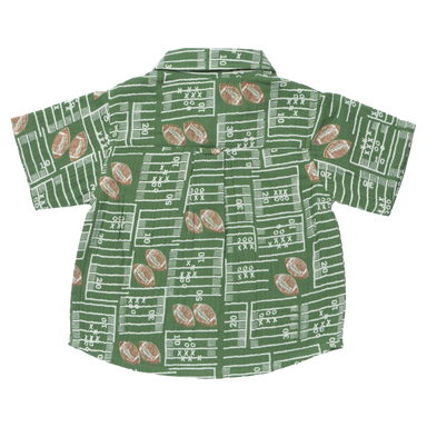 A short-sleeve button-up shirt for kids, featuring a green and white football field pattern with brown footballs scattered throughout, shown flat on a white background.