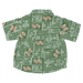 A short-sleeve button-up shirt for kids, featuring a green and white football field pattern with brown footballs scattered throughout, shown flat on a white background.