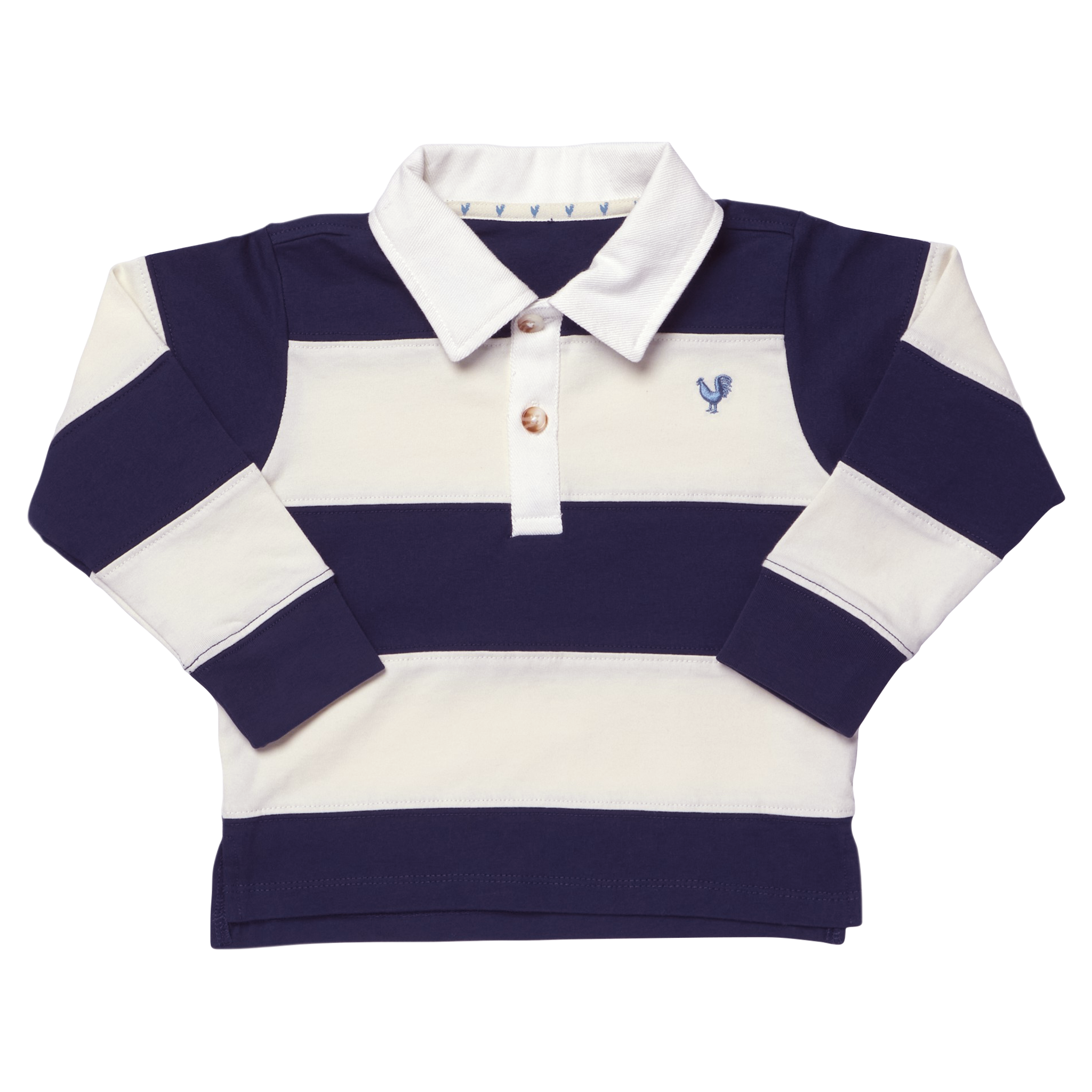 A boy's long-sleeve rugby shirt with navy blue and cream horizontal stripes, featuring a white collar, two-button placket, and a small embroidered blue rooster logo on the left chest.