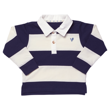 A boy's long-sleeve rugby shirt with navy blue and cream horizontal stripes, featuring a white collar, two-button placket, and a small embroidered blue rooster logo on the left chest.