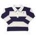 A boy's long-sleeve rugby shirt with navy blue and cream horizontal stripes, featuring a white collar, two-button placket, and a small embroidered blue rooster logo on the left chest.