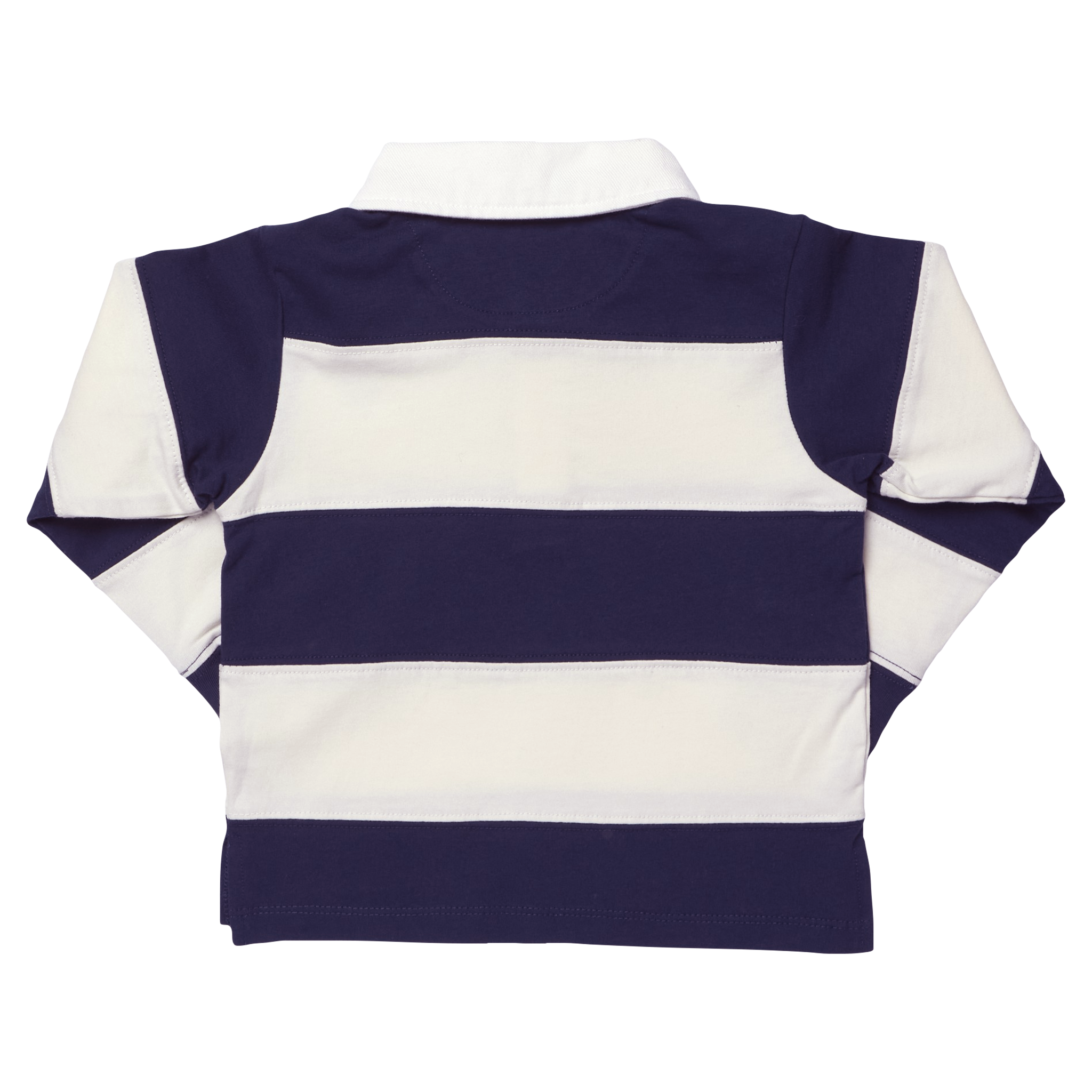 A boys long-sleeve rugby shirt with horizontal navy blue and off-white stripes, shown from the back against a plain white background.