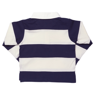 A boys long-sleeve rugby shirt with horizontal navy blue and off-white stripes, shown from the back against a plain white background.