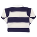 A boys long-sleeve rugby shirt with horizontal navy blue and off-white stripes, shown from the back against a plain white background.