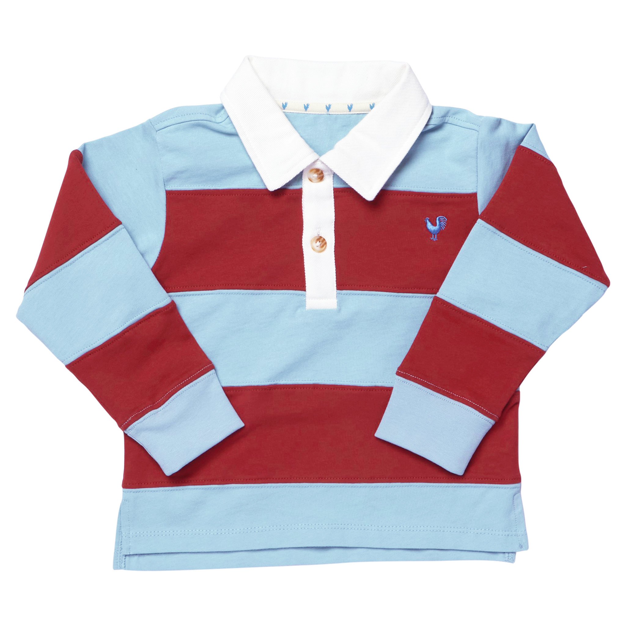 A long-sleeve rugby shirt for kids, featuring horizontal stripes of dark red and light blue, with a white collar and a white three-button placket. A small blue embroidered rooster logo is visible on the left chest.