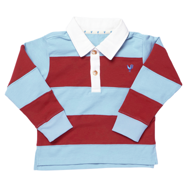 A long-sleeve rugby shirt for kids, featuring horizontal stripes of dark red and light blue, with a white collar and a white three-button placket. A small blue embroidered rooster logo is visible on the left chest.