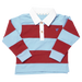 A long-sleeve rugby shirt for kids, featuring horizontal stripes of dark red and light blue, with a white collar and a white three-button placket. A small blue embroidered rooster logo is visible on the left chest.