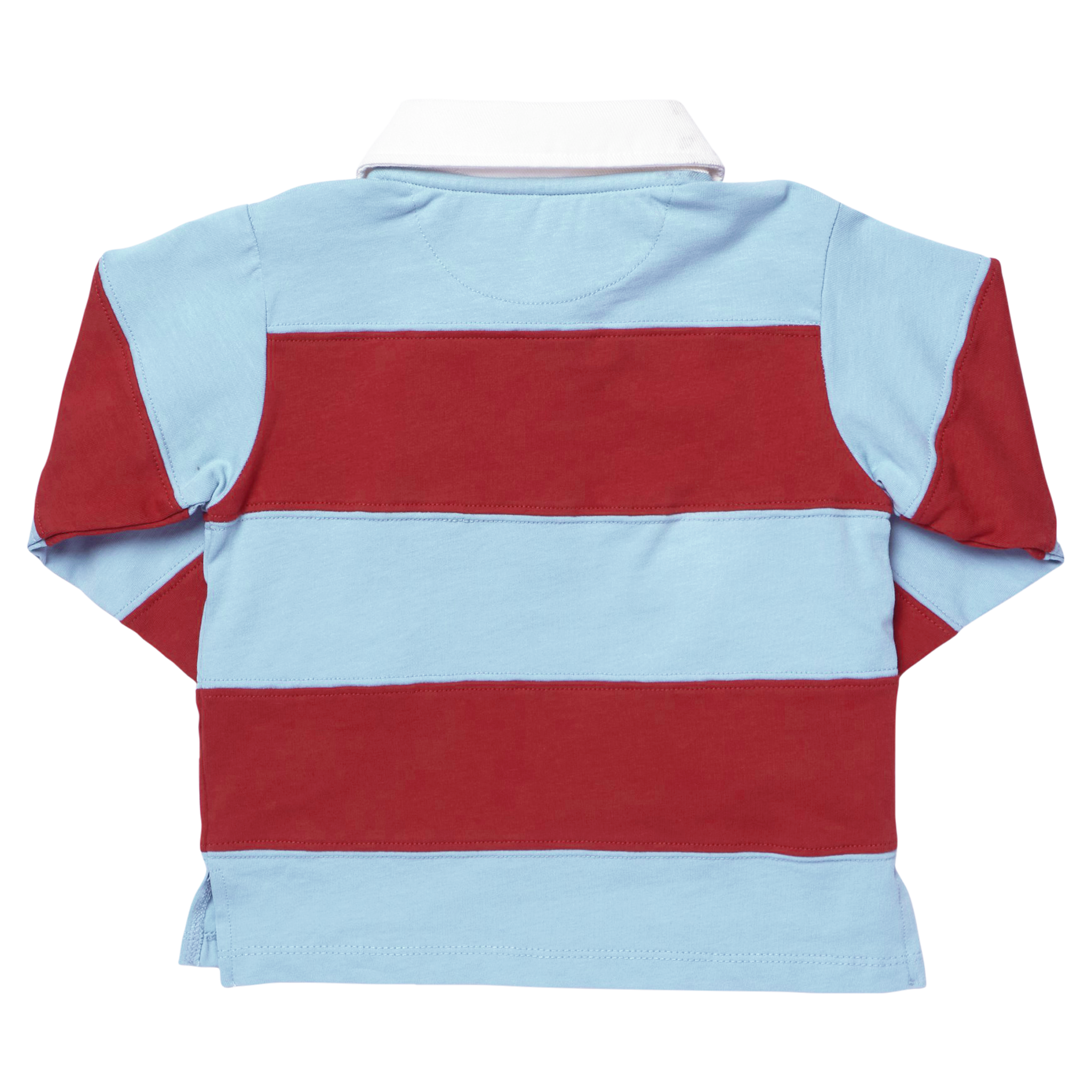 A short-sleeve rugby-style polo shirt with horizontal stripes in light blue and red, featuring a white collar, shown against a plain white background.