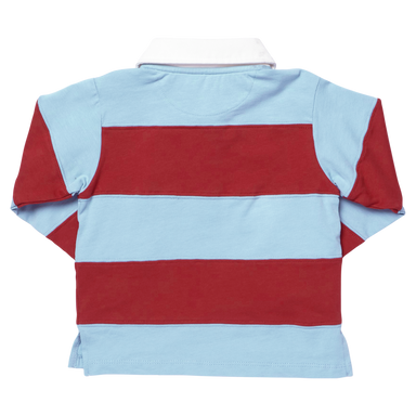 A short-sleeve rugby-style polo shirt with horizontal stripes in light blue and red, featuring a white collar, shown against a plain white background.