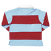 A short-sleeve rugby-style polo shirt with horizontal stripes in light blue and red, featuring a white collar, shown against a plain white background.