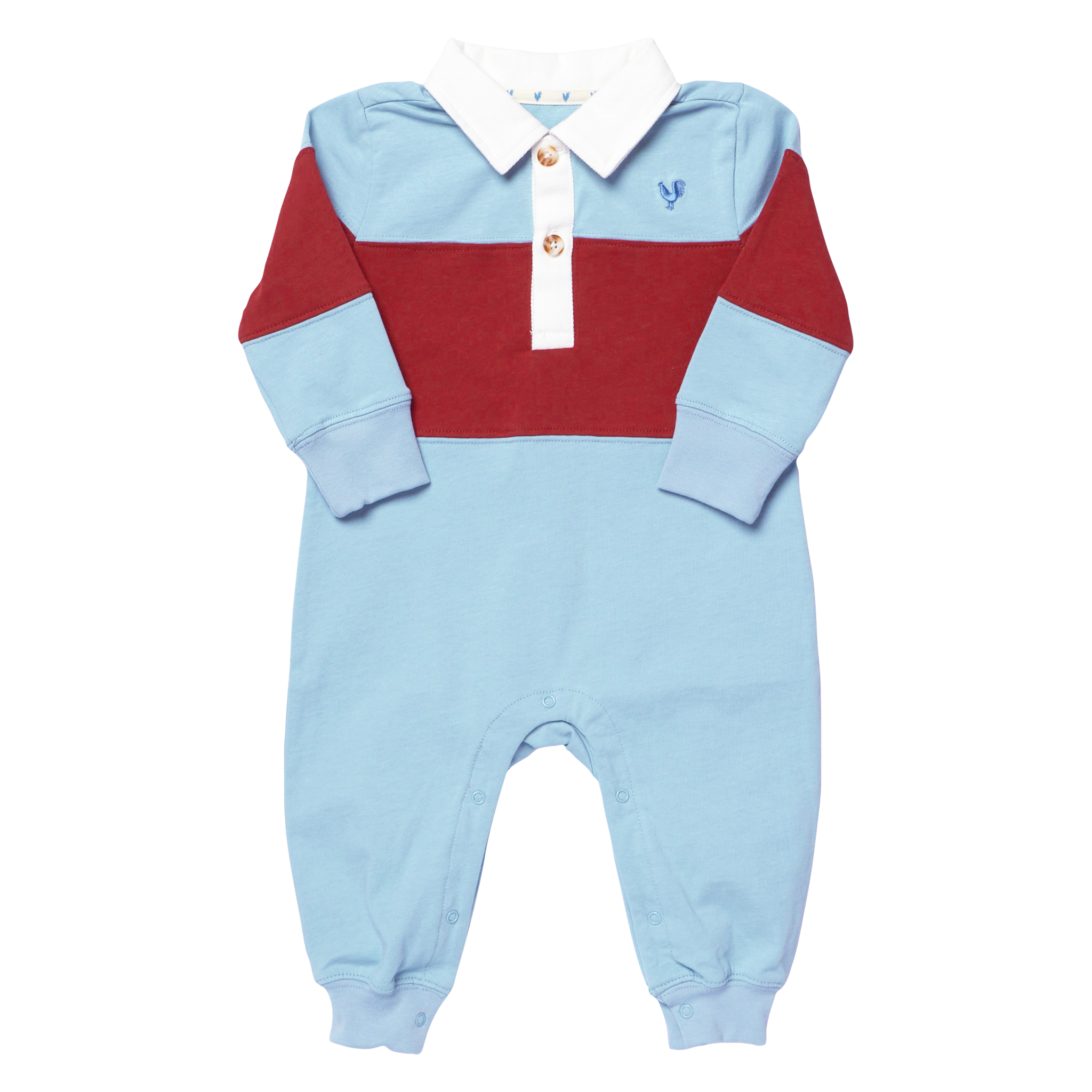 A baby long-sleeve colorblock romper in light blue, burgundy red, and white, featuring a polo-style collar with two buttons and a small embroidered blue rooster logo on the chest.