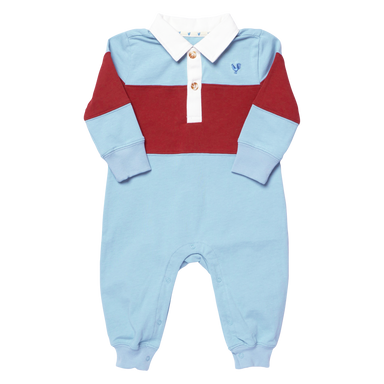 A baby long-sleeve colorblock romper in light blue, burgundy red, and white, featuring a polo-style collar with two buttons and a small embroidered blue rooster logo on the chest.