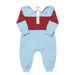 A baby long-sleeve colorblock romper in light blue, burgundy red, and white, featuring a polo-style collar with two buttons and a small embroidered blue rooster logo on the chest.