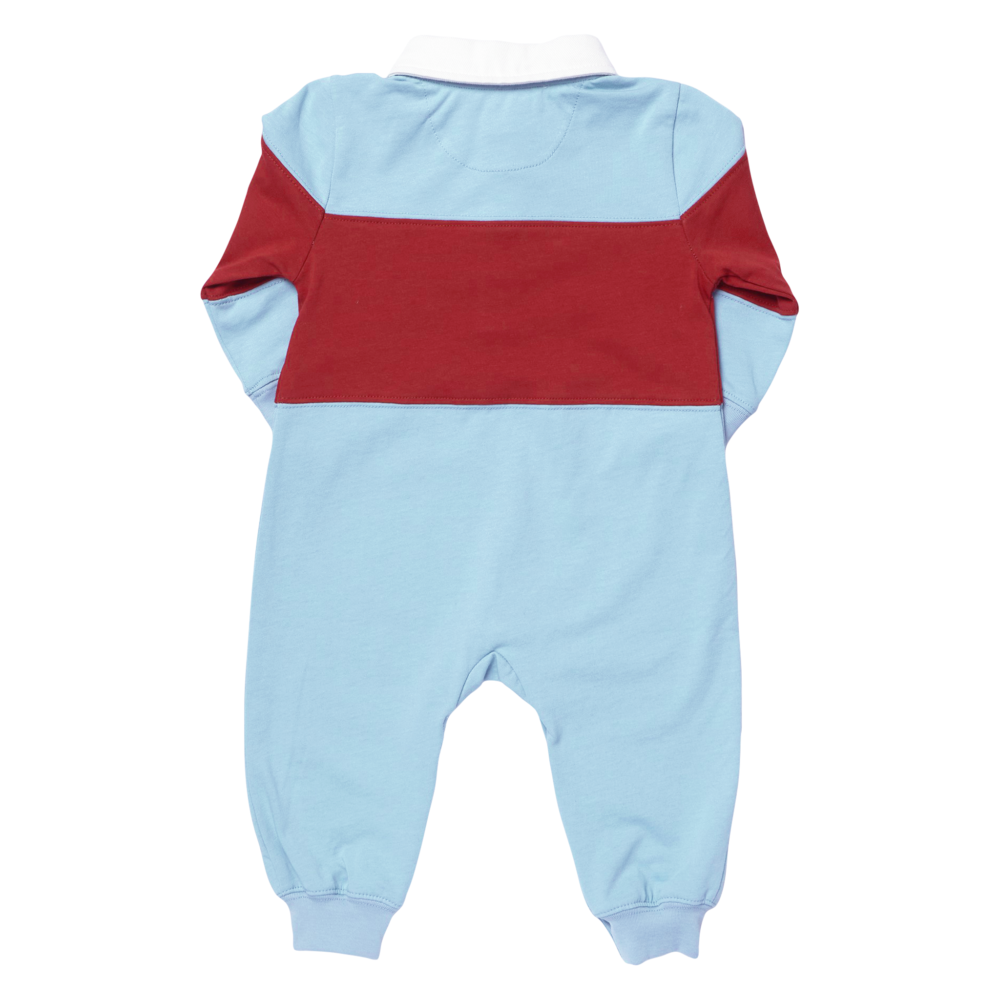 A baby long-sleeve footless one-piece jumpsuit shown from the back, featuring a light blue base color with a wide dark red horizontal stripe across the upper back and shoulders.