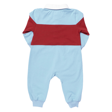 A baby long-sleeve footless one-piece jumpsuit shown from the back, featuring a light blue base color with a wide dark red horizontal stripe across the upper back and shoulders.