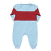 A baby long-sleeve footless one-piece jumpsuit shown from the back, featuring a light blue base color with a wide dark red horizontal stripe across the upper back and shoulders.