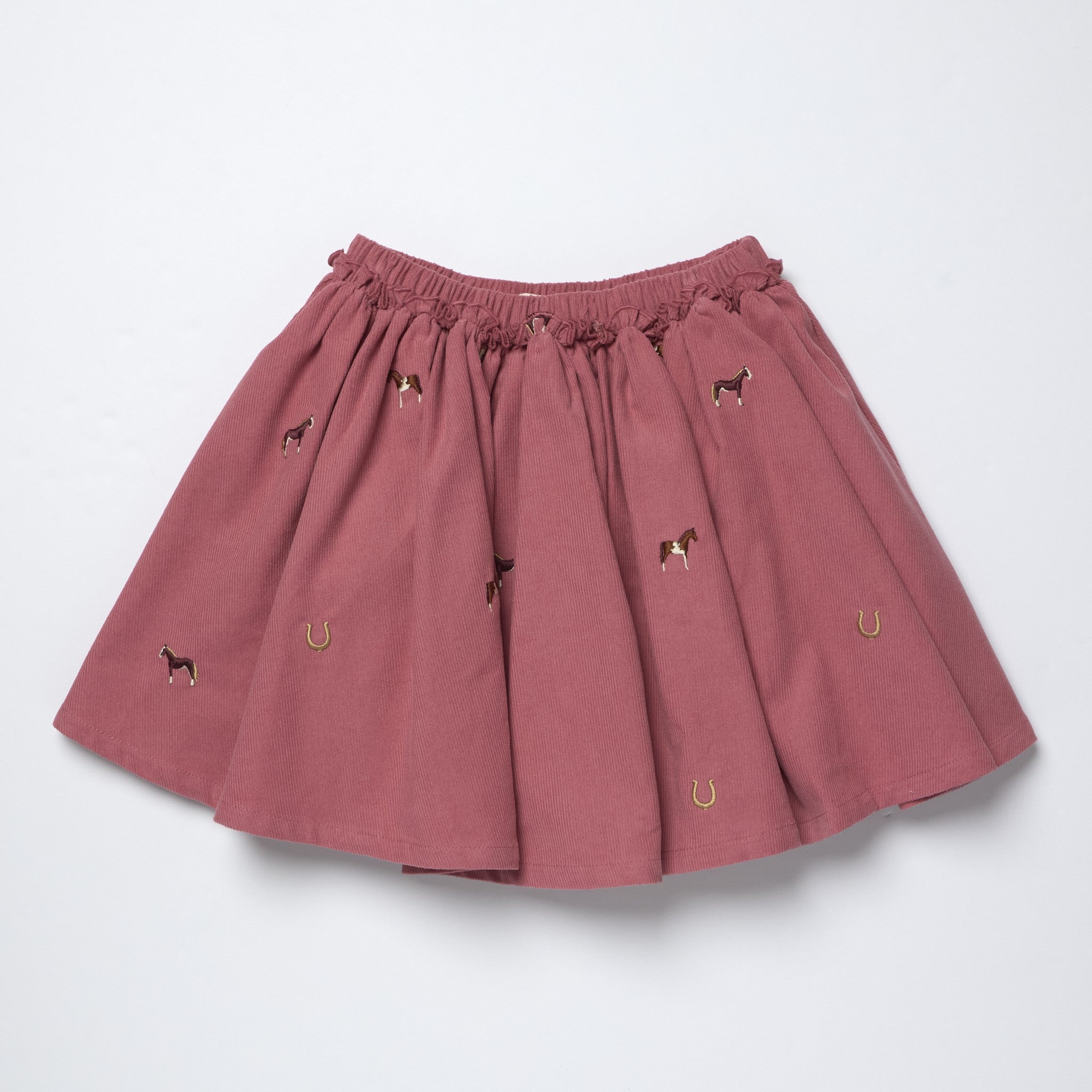Pink Chicken girls dusty rose skirt with horse and horseshoe embroidery and a gathered elastic waistband