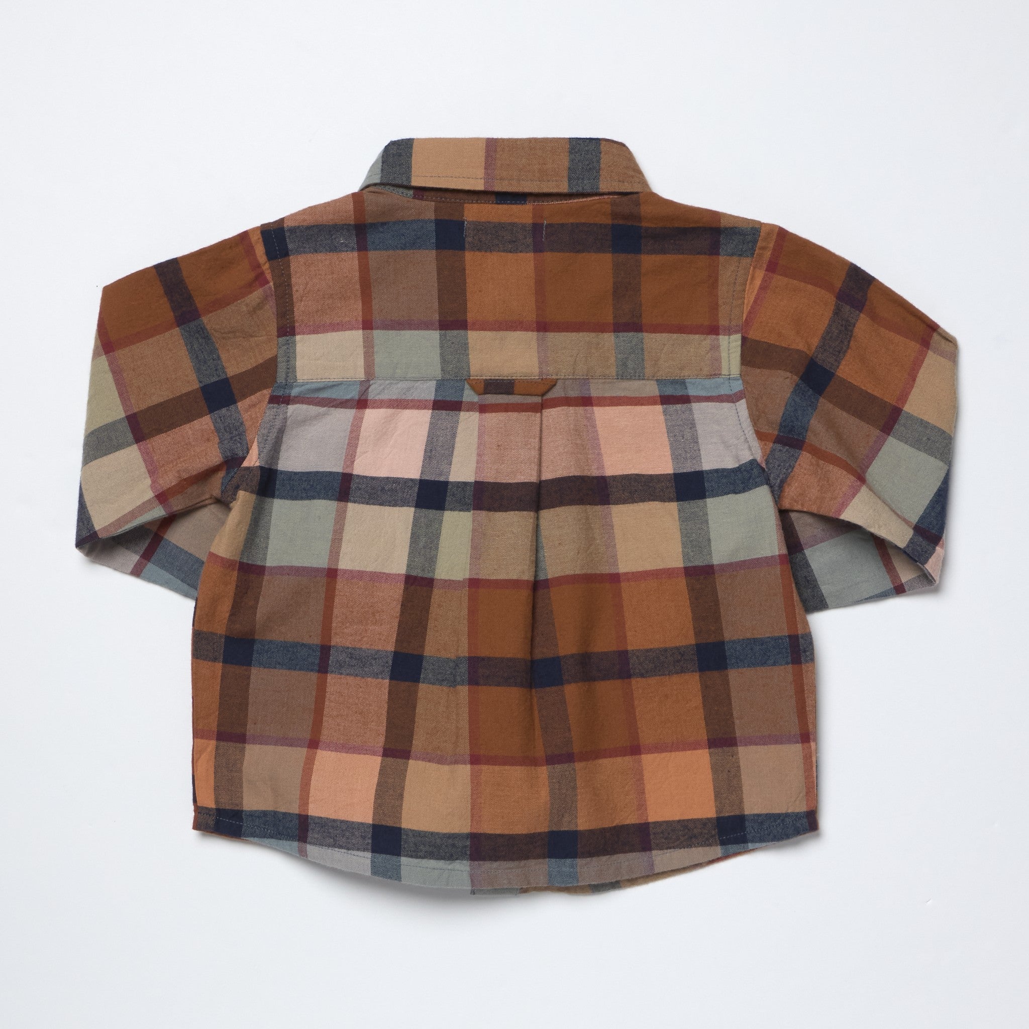 A long-sleeve plaid button-up shirt in a warm autumn color palette, featuring brown, orange, beige, and navy blue stripes, laid flat against a white background.