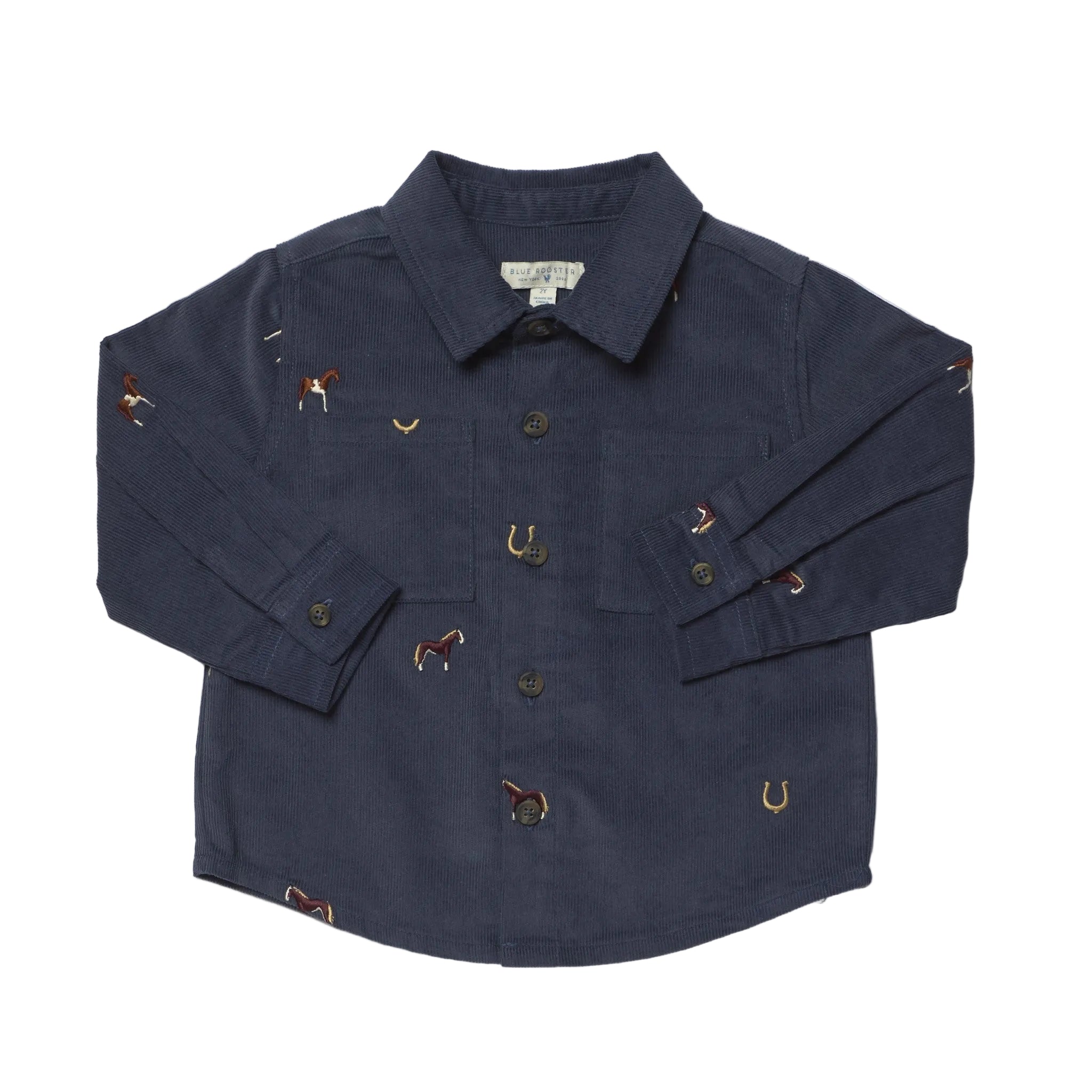 Navy blue shirt with embroidered horse details on a white background