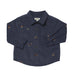 Navy blue shirt with embroidered horse details on a white background