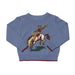 A dusty blue cropped sweatshirt featuring a graphic of a cowboy riding a horse with a lasso, displayed flat against a white background.