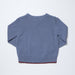 A dusty blue knit long-sleeve sweater shown from the back, featuring a ribbed crew neck, cuffs, and hem, with a thin dark red inner hem trim, laid flat on a white background.
