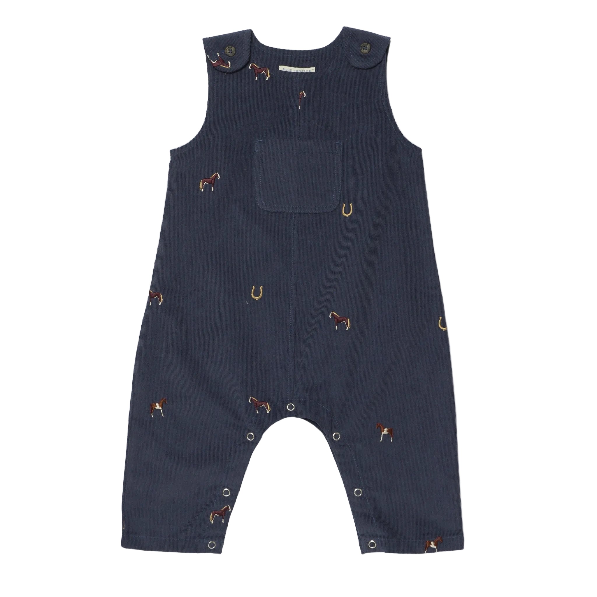 A navy blue corduroy baby overall romper with small embroidered horse motifs, laid flat on a light gray background.