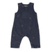 A navy blue corduroy baby overall romper with small embroidered horse motifs, laid flat on a light gray background.