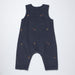 A navy blue sleeveless baby romper with small embroidered horse and horseshoe motifs, laid flat on a light gray background.