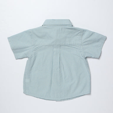 Blue gingham shirt on a light gray background