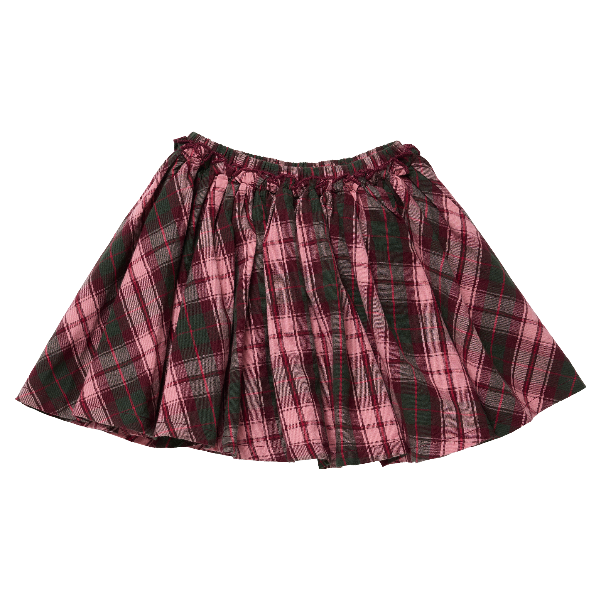 A pleated plaid mini skirt in a dark green, pink, and red tartan pattern, shown flat against a solid white background.