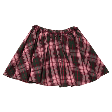 A pleated plaid mini skirt in a dark green, pink, and red tartan pattern, shown flat against a solid white background.