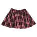 A pleated plaid mini skirt in a dark green, pink, and red tartan pattern, shown flat against a solid white background.