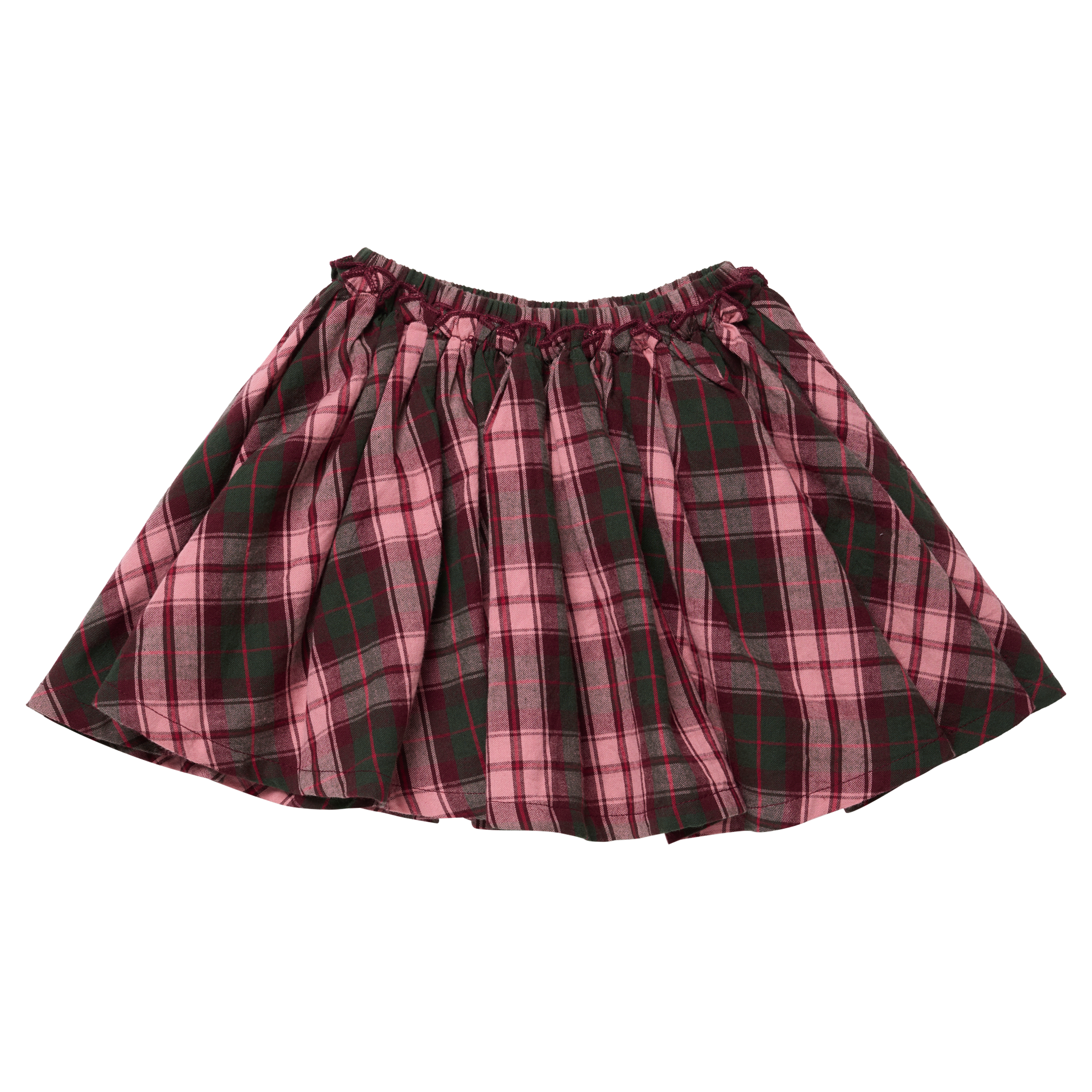 A pleated plaid mini skirt in a pink and dark green tartan pattern, shown flat against a solid white background.