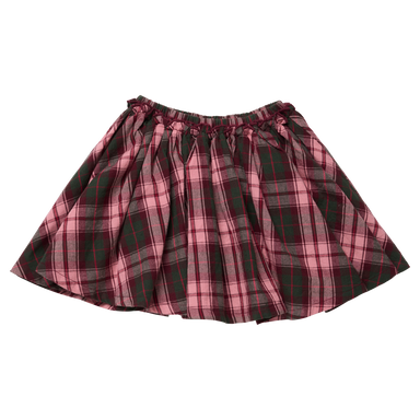 A pleated plaid mini skirt in a pink and dark green tartan pattern, shown flat against a solid white background.