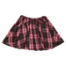 A pleated plaid mini skirt in a pink and dark green tartan pattern, shown flat against a solid white background.