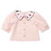 A baby girl's light pink blouse with a white Peter Pan collar featuring embroidered holiday characters, shown on a plain white background.