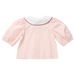 A light pink children's blouse shown from the back, featuring a white Peter Pan collar with a thin dark red piping trim and voluminous elbow-length puff sleeves.