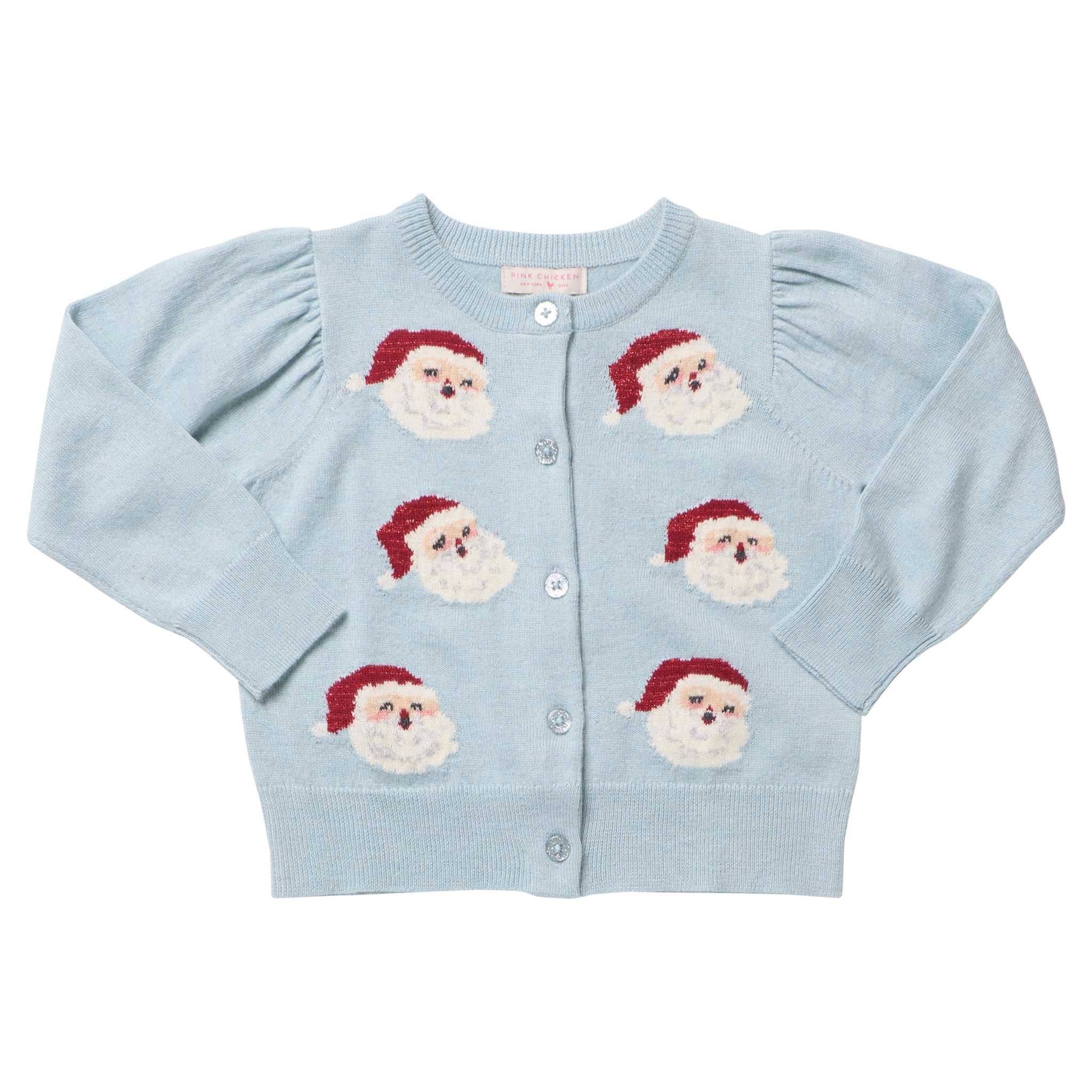 A light blue knit cardigan sweater with puff sleeves and four embroidered Santa Claus face motifs on the front, displayed flat against a white background.