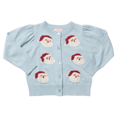A light blue knit cardigan sweater with puff sleeves and four embroidered Santa Claus face motifs on the front, displayed flat against a white background.